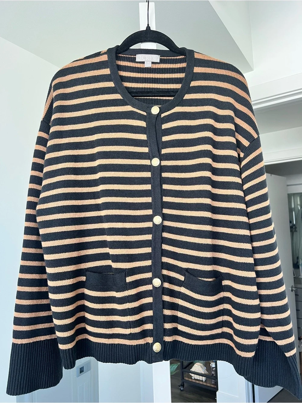 J.Crew Emilie Sweater Lady Jacket Black & Brown Stripes Size 2XL